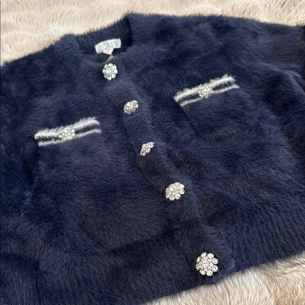 NWT STUNNING J. Crew NAVY BLUE Fuzzy Cardigan with Crystal Accents